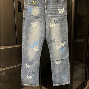 Chrome Hearts Jeans with Blue and White Butterfly Embroidery